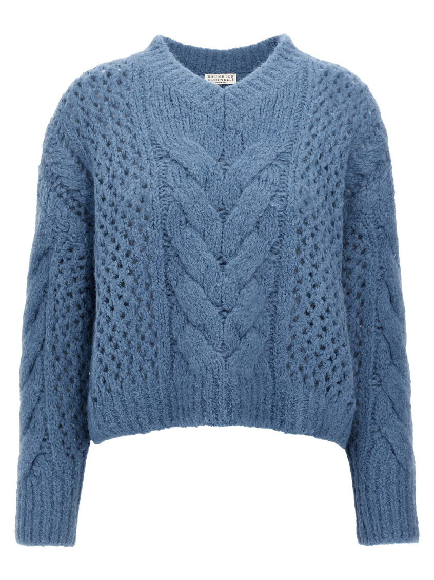 Brunello Cucinelli Alpaca-wool Irish Cable Knit V-neck Sweater In Light Blue