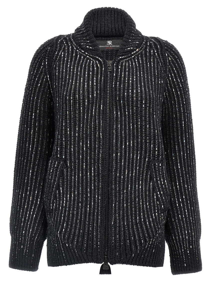 Ermanno Scervino Rhinestone-embellished Merino Wool Knit Cardigan In Grey