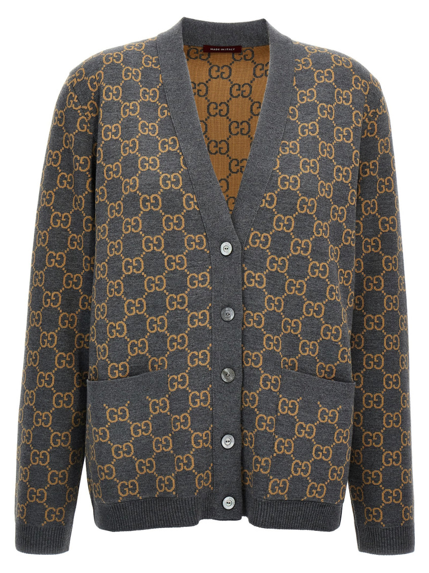 Gucci Monogrammed Intarsia Button-up Cardigan In Grey