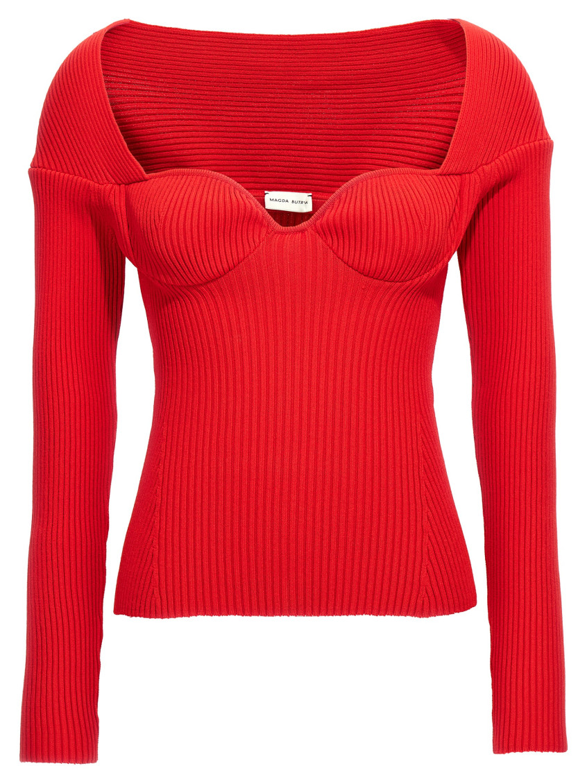 Magda Butrym Ribbed Viscose Blend Sweater With Sweetheart Neckline In Red