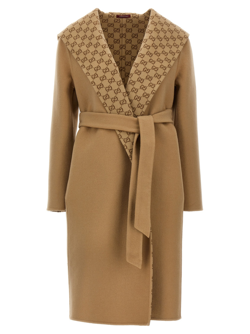 Gucci Reversible Wool Silk Blend Coat Gg In Brown