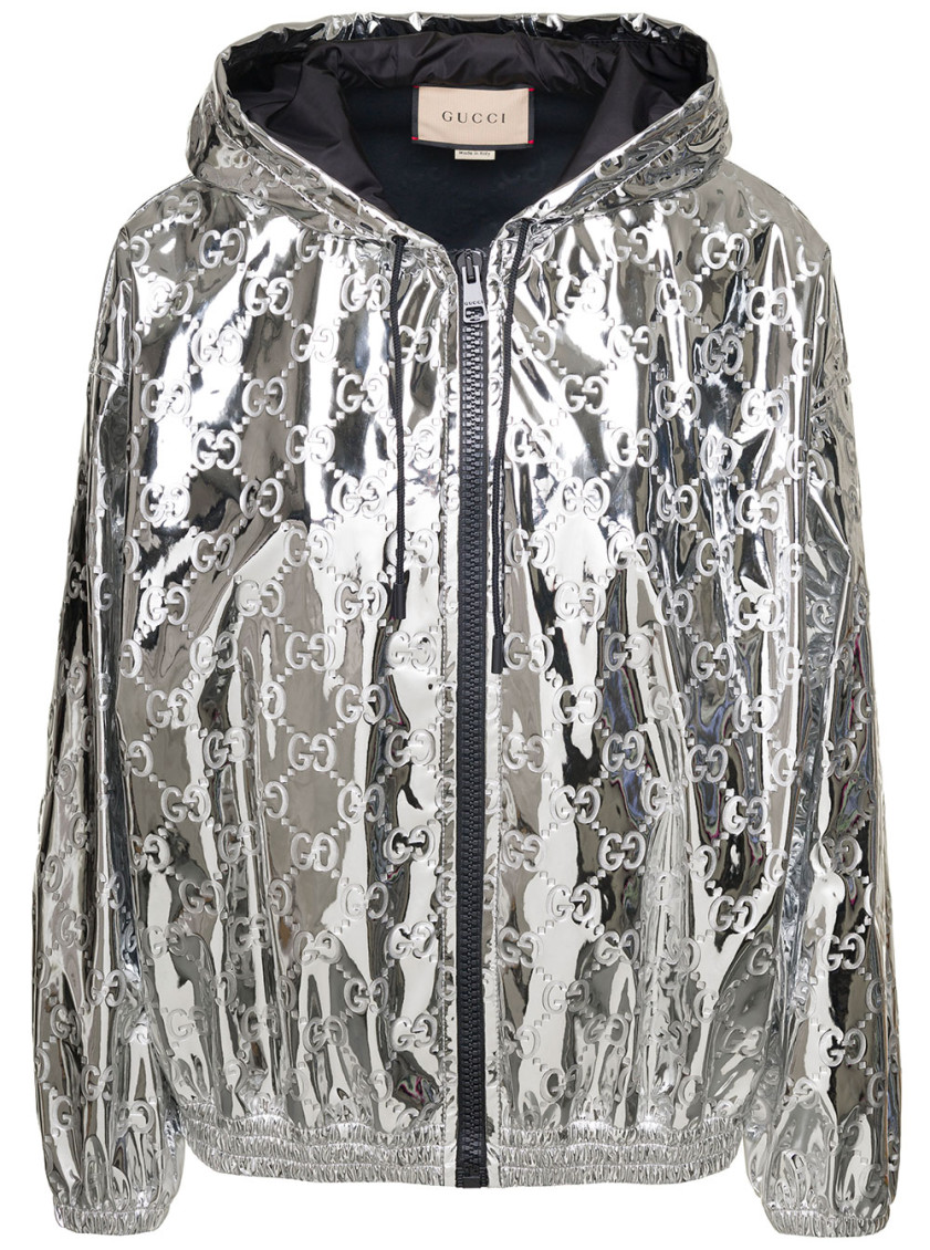 Gucci Shiny Finish Hooded Jacket With Elasticated Cuffs In Silver