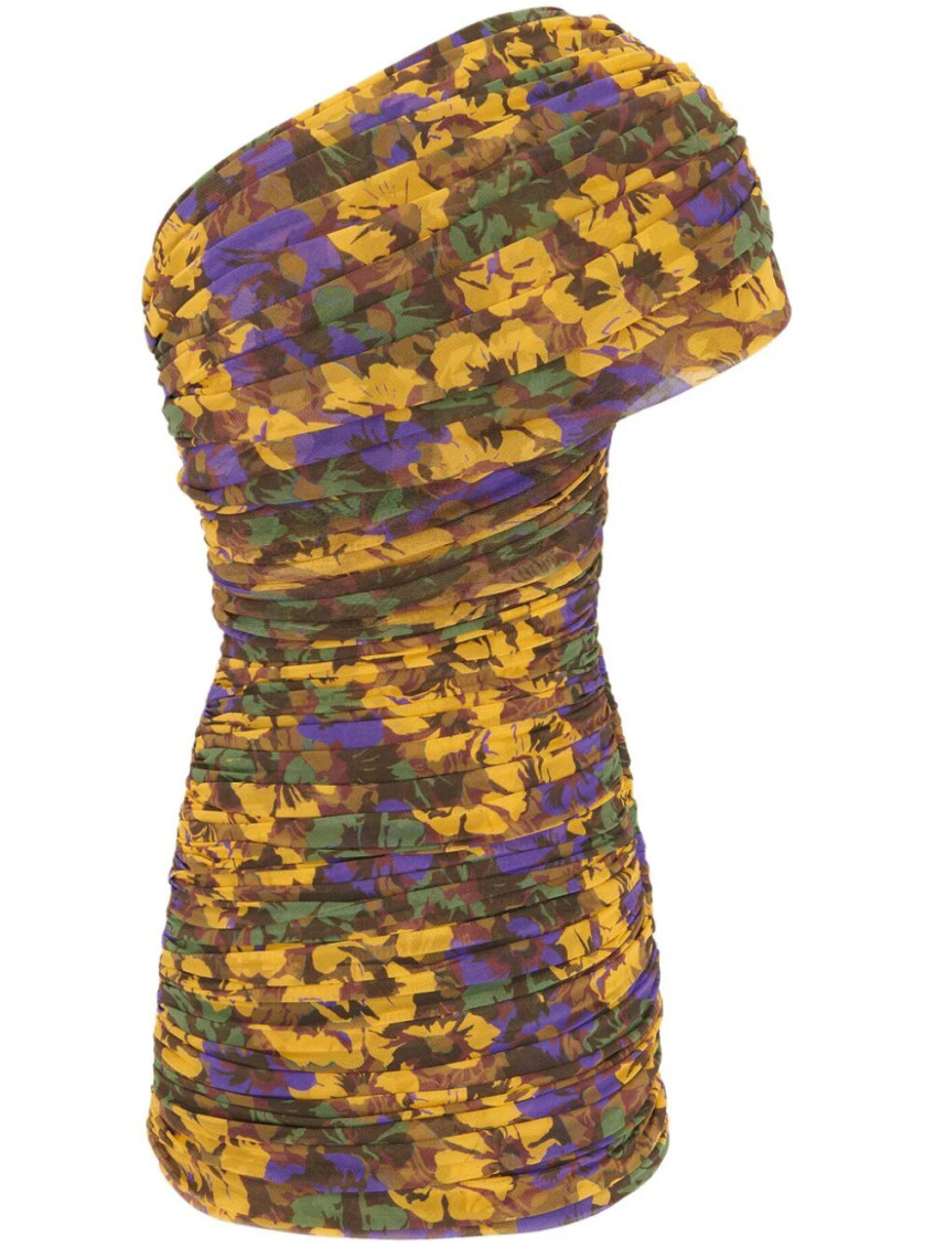 Saint Laurent One-shoulder Floral-print Ruched Tulle Mini Dress In Multicolor