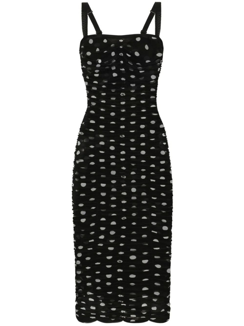 Dolce & Gabbana Draped Sheath Dress In Polka Dot Print Tulle In Black