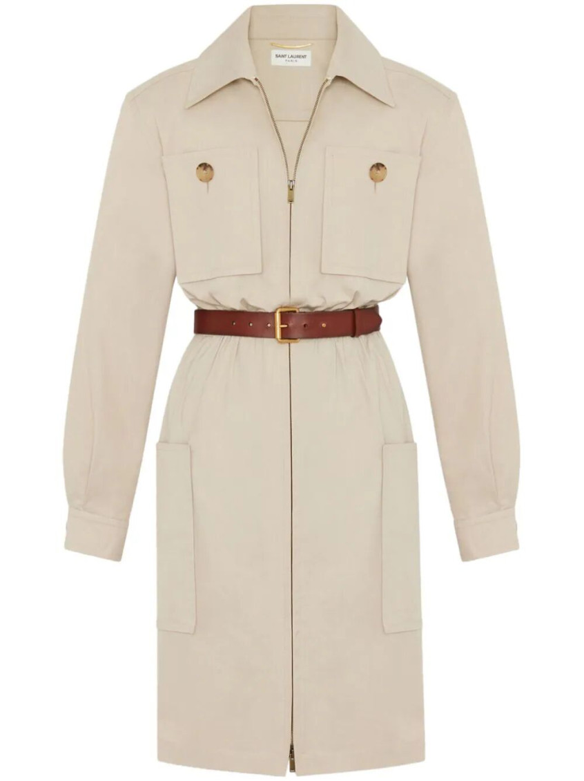 Saint Laurent Saharienne Belted Cotton Dress In Beige