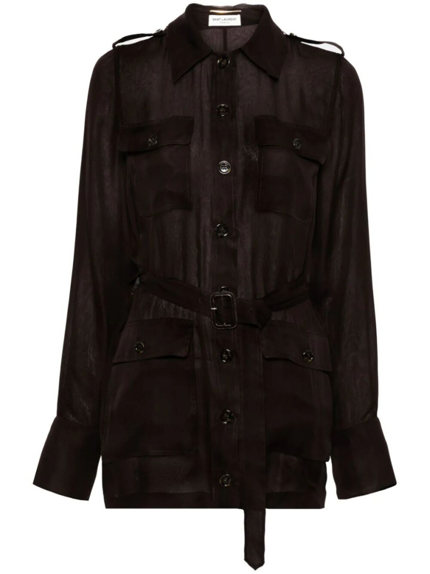 Saint Laurent Women Biologic Silk Dress With Belt At Waist In Dark Brown