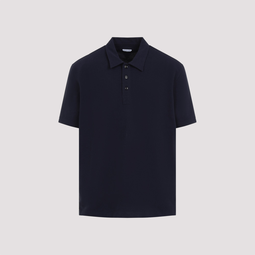 Bottega Veneta Blue Polo With Classic Collar And Embroidered Logo On The Front In Tone On Tone Cotto In Dark Blue