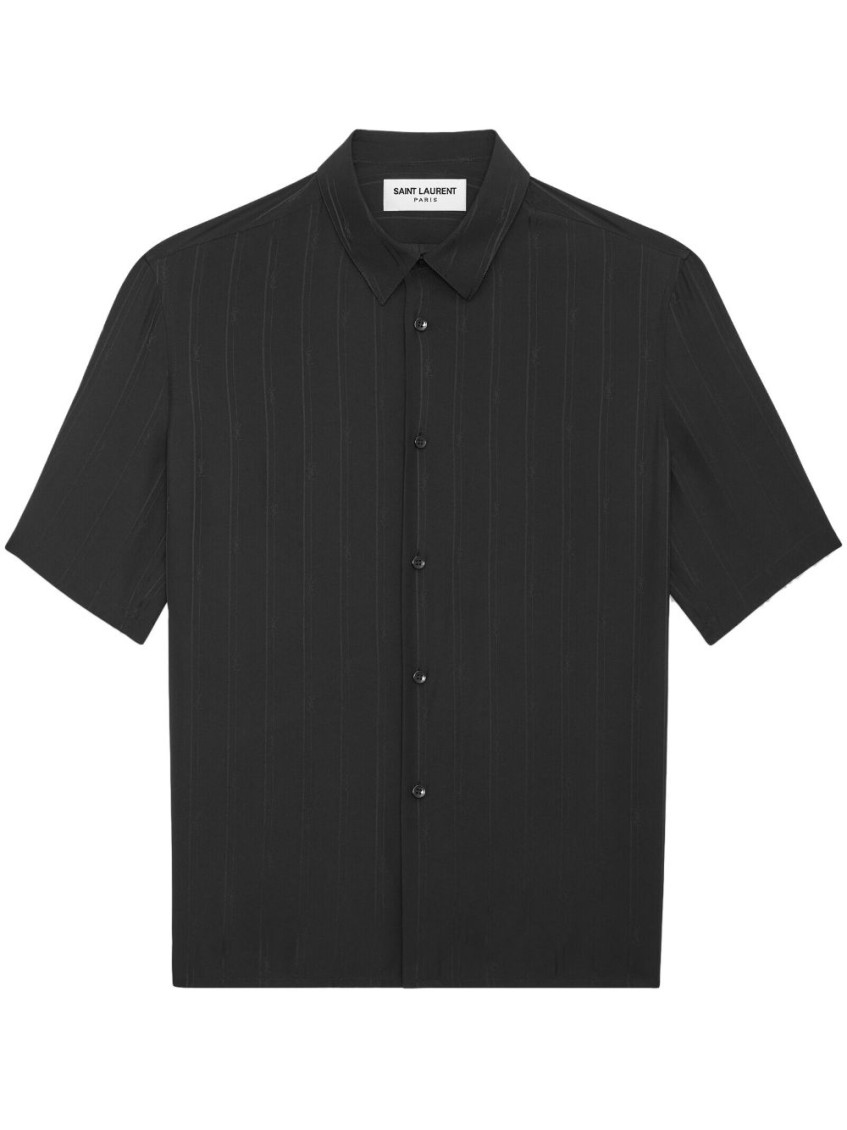 Saint Laurent Camp-collar Striped Silk-charmeuse Shirt In Black