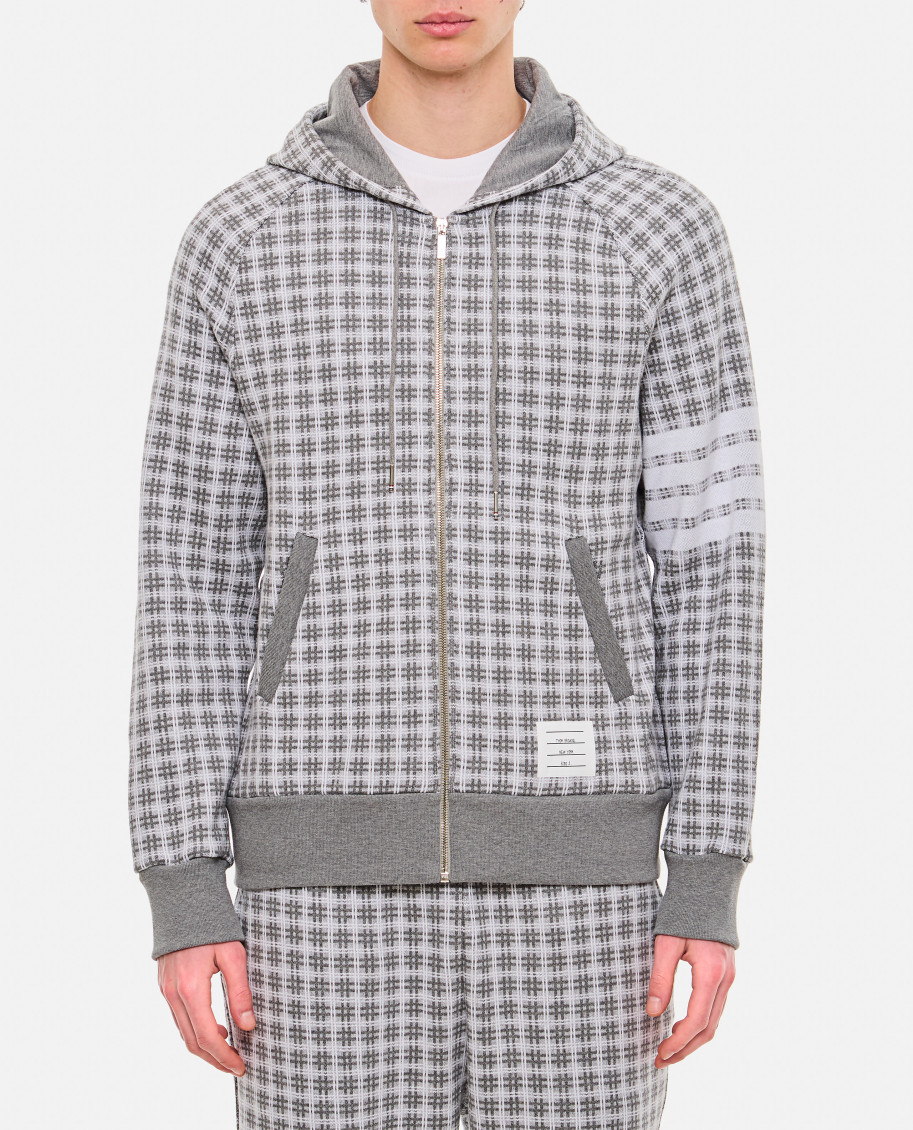 Thom Browne Checked Jacquard-knit Cotton Zip-up Hoodie In Grey