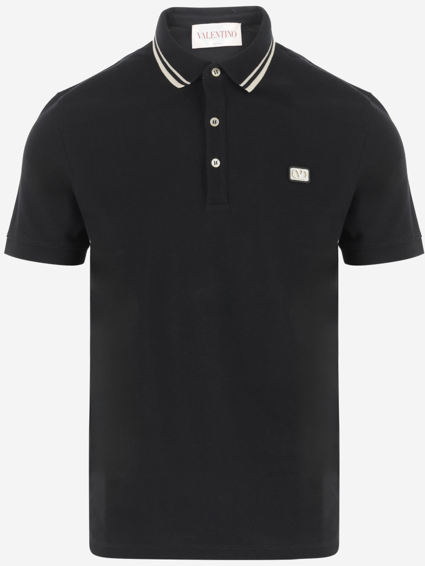 Valentino Garavani Black Polo Shirt With Classic Bicolor Collar And Logo Patch On The Front In Cotto