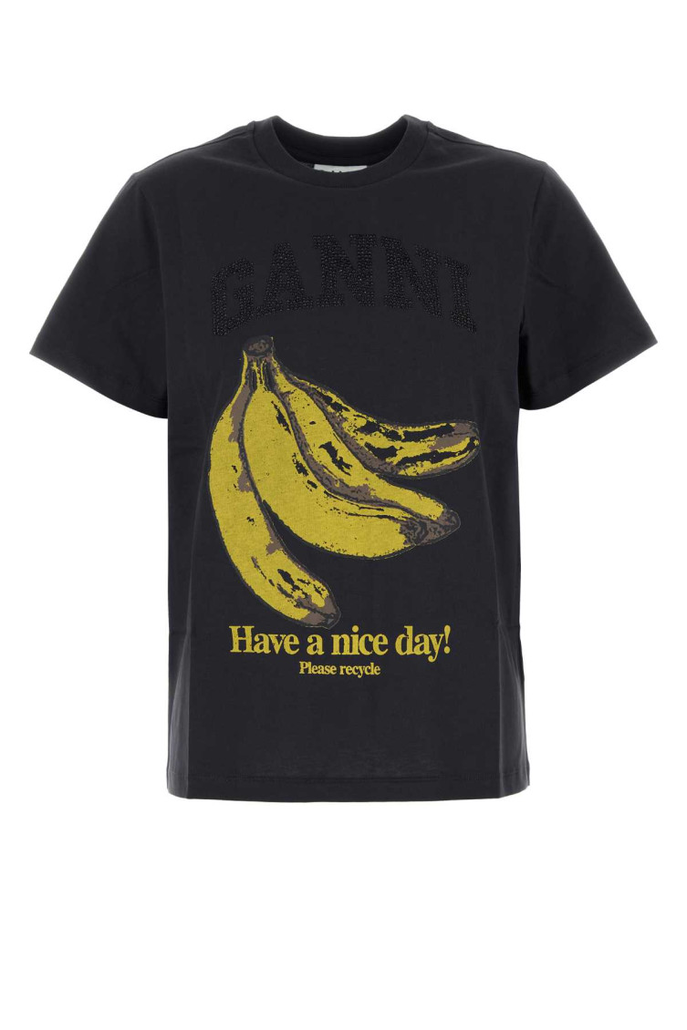 Ganni Crew-neck Cotton T-shirt With Banana Print In Gray