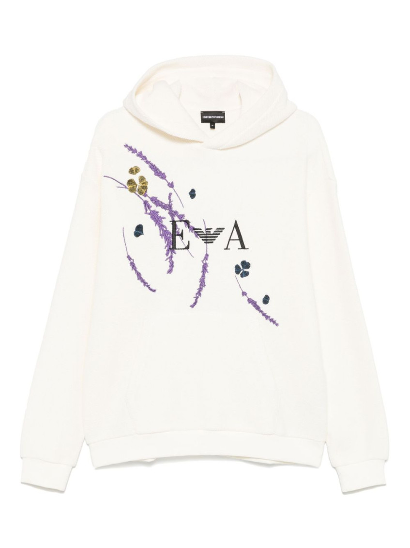 Emporio Armani Asv Jersey Hooded Sweatshirt With Floral Print And Embroidery In White