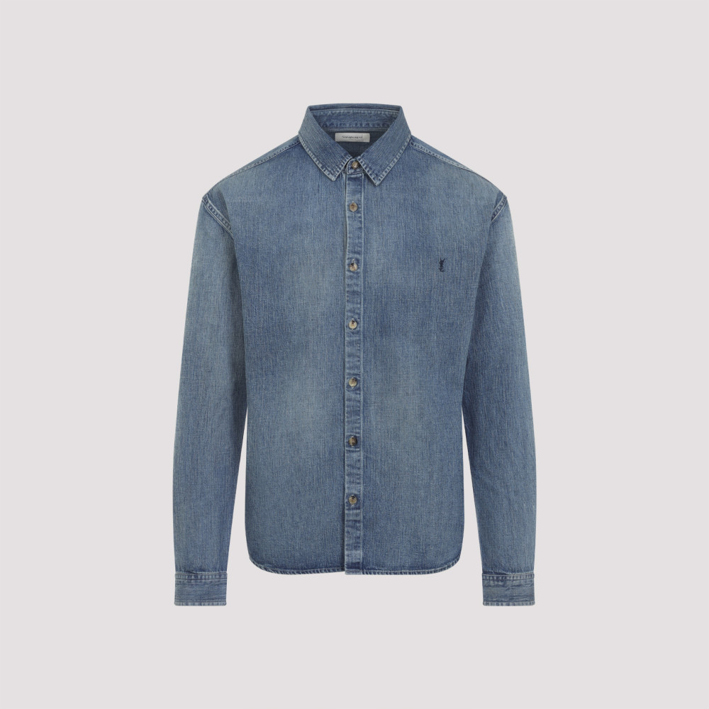 Saint Laurent Blue Long Sleeves Logo Denim Shirt In Blue