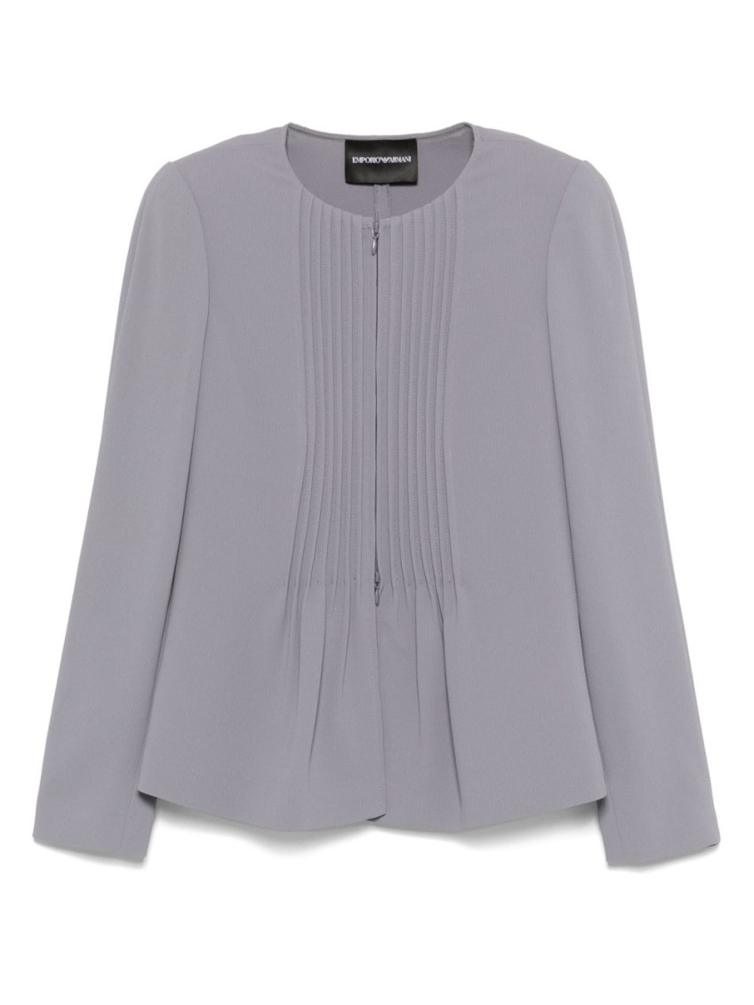 Emporio Armani Crew Neck Pleated Front Blazer With Shoulder Pads In Gray
