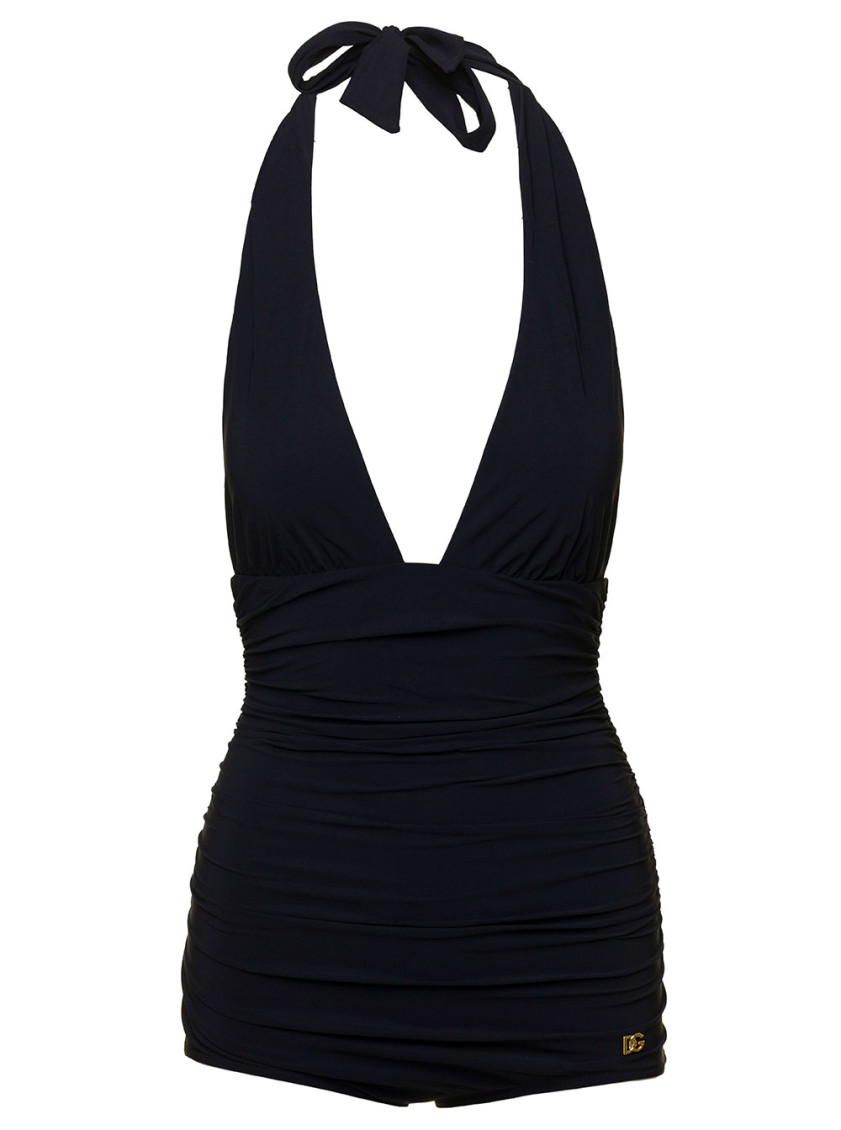 Dolce & Gabbana Black Gathered One-piece Swimsuit With Logo Patch In Stretch Polyamide Woman In Black
