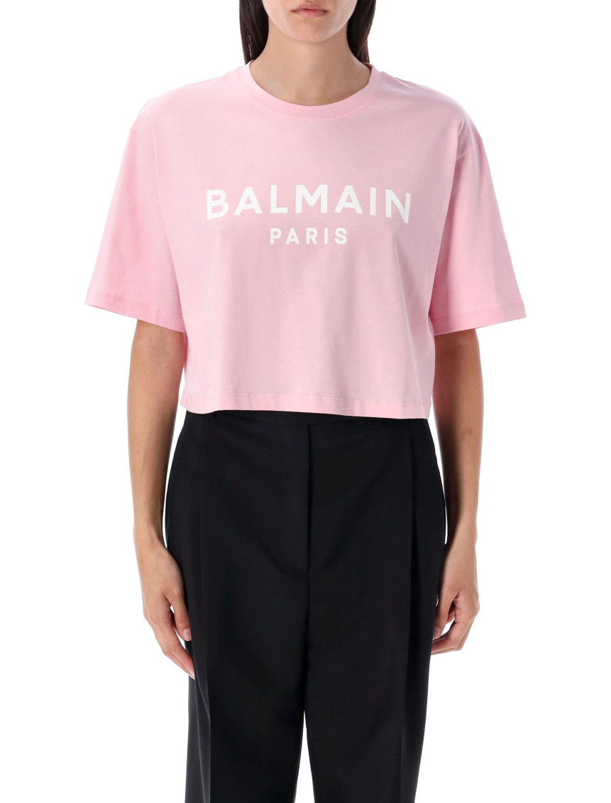 Balmain Pink Logo-print Cropped T-shirt