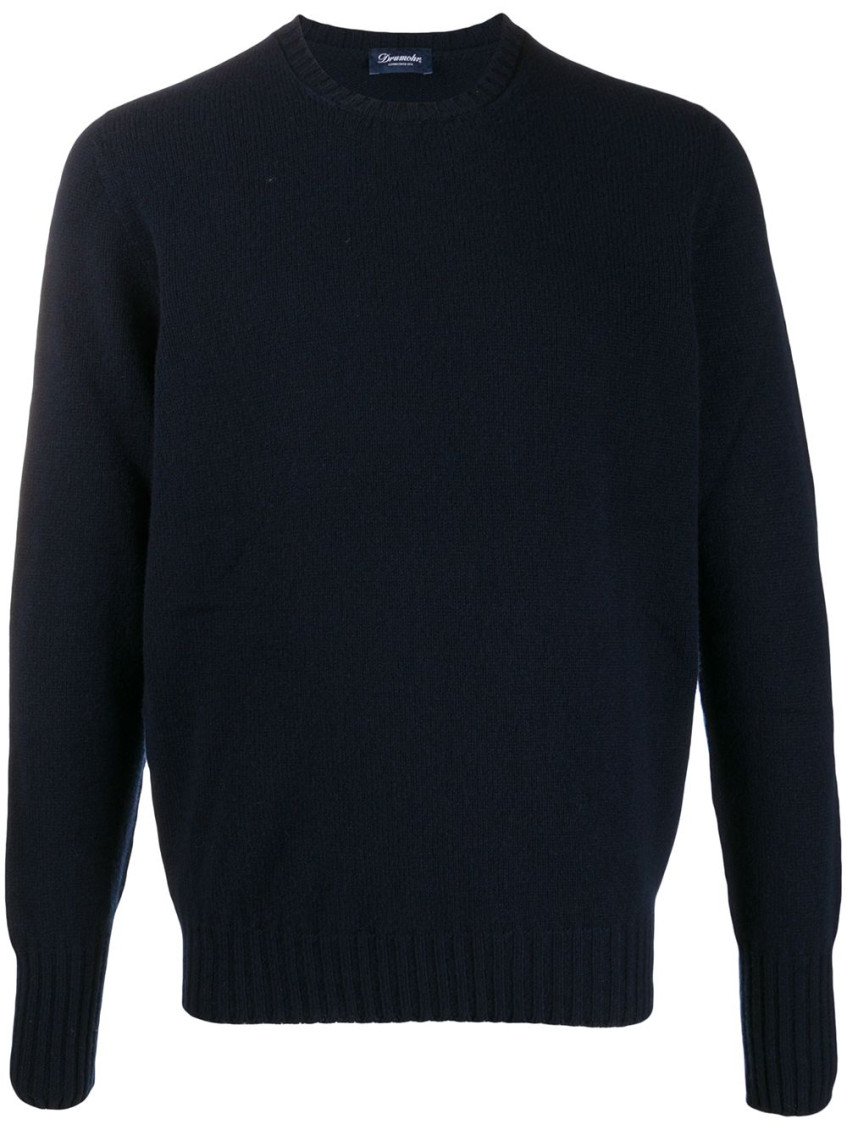 Drumohr Ribbed Hem Long-sleeve Navy Fine Knit Sweater In Blue