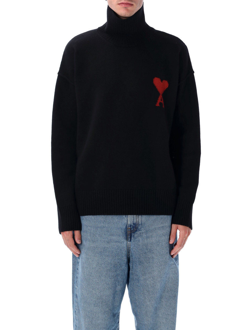 Ami Alexandre Mattiussi Ami Paris Funnel-neck Sweater With Heart Intarsia Design In Black