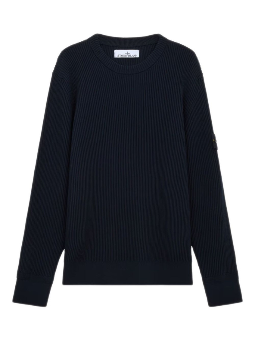 Stone Island Ribbed-knit Virgin Wool Sweater With Signature Patch In Blue