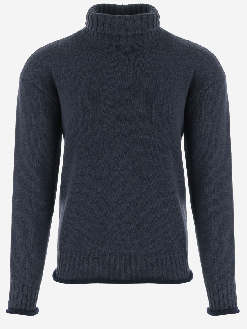 Giorgio Armani Ribbed High Neck Cashmere Sweater With Semi-rolled Edges In Blue