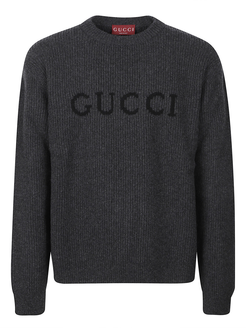 Gucci Grey Crewneck Sweater With Logo Lettering Embroidery On The Front In Wool Man In Gray