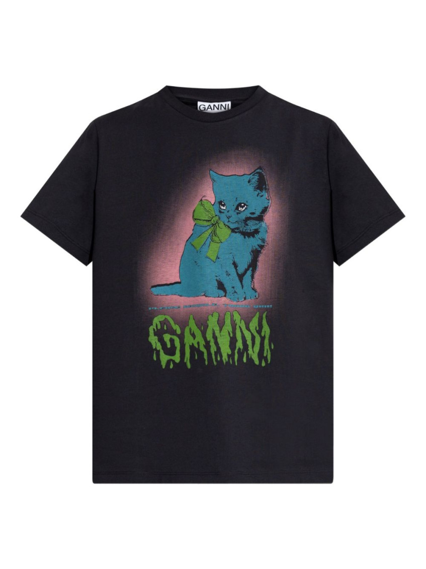 Ganni Women Basic Cotton Jersey Neon Kitty T-shirt In Black