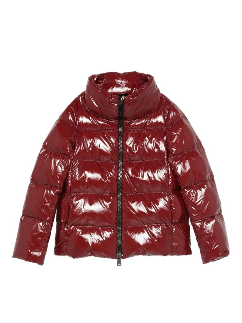 Herno Cropped Red Puffer Jacket With High Structured Collar In Burgundy