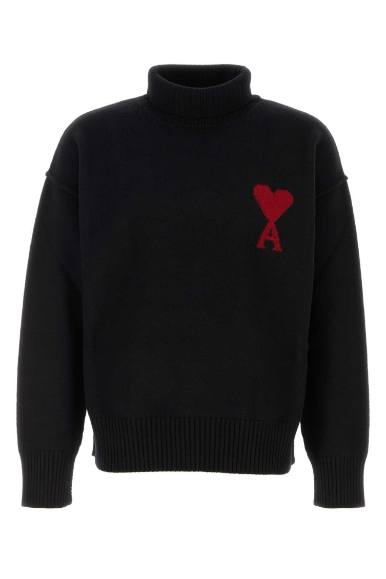 Ami Alexandre Mattiussi Ami Paris Funnel-neck Sweater With Heart Intarsia Design In Black