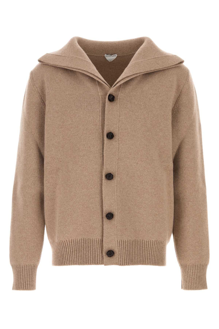 Bottega Veneta Wool Cardigan With Folded Collar And Ribbed Cuffs In Brown