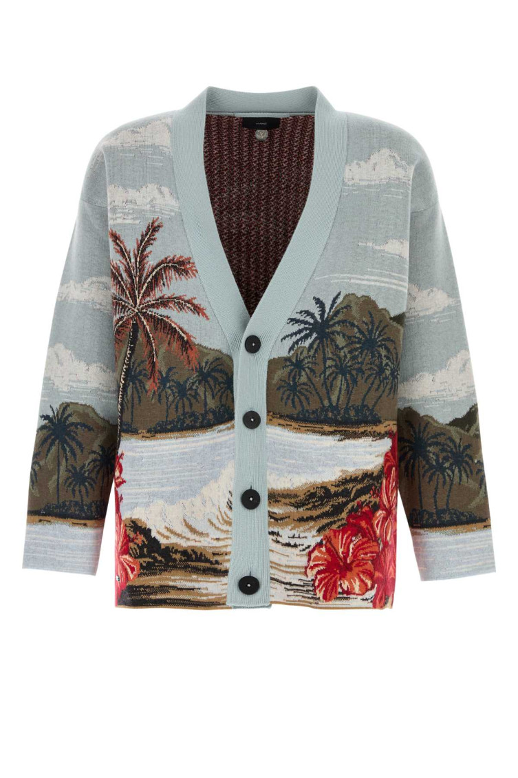 Alanui Light Blue Embroidered Wool Blend Cardigan In Green