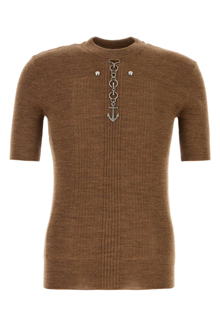 Prada Short Sleeve Wool Knit With Anchor Detail In Brown