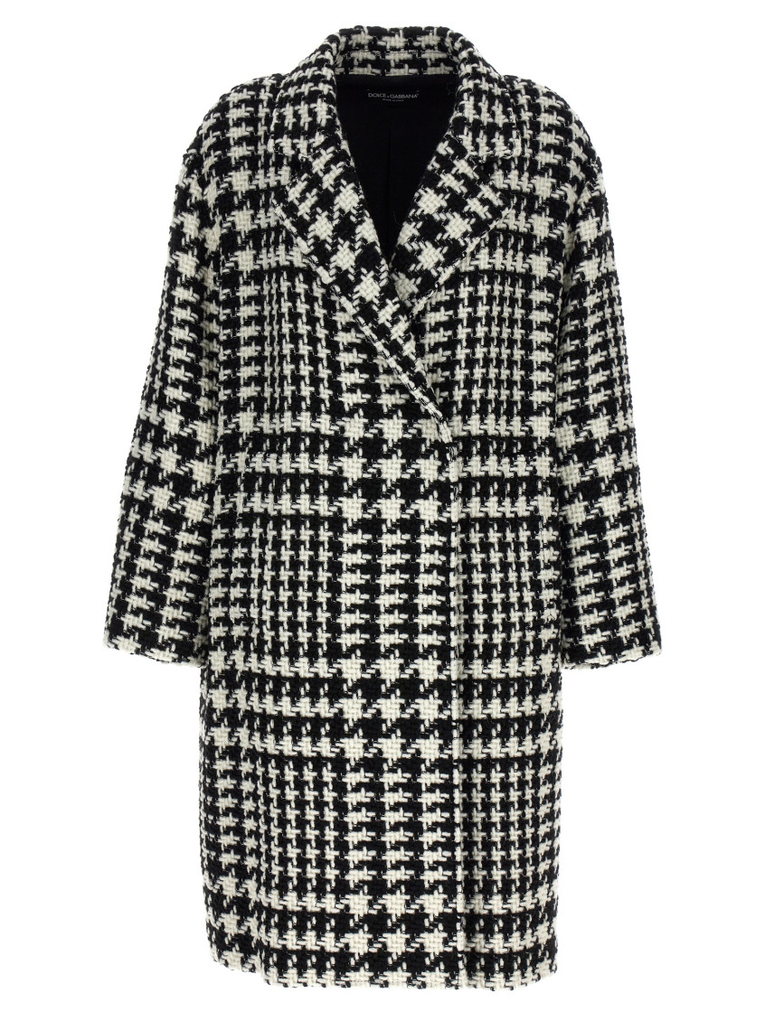 Dolce & Gabbana Black And White Coat With All-over Check Motiv In Wool Blend Woman In Blackwhite