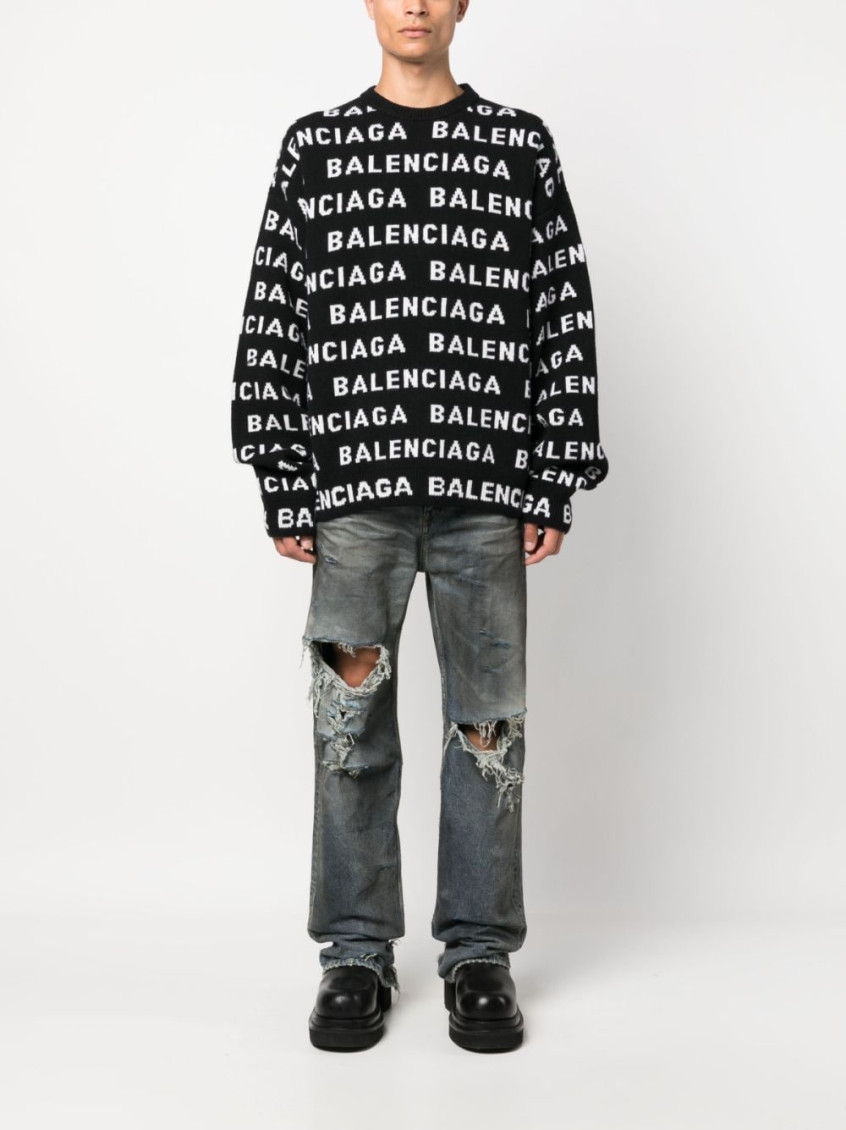 Balenciaga Black Allover Logo Crewneck Sweater for Men Online