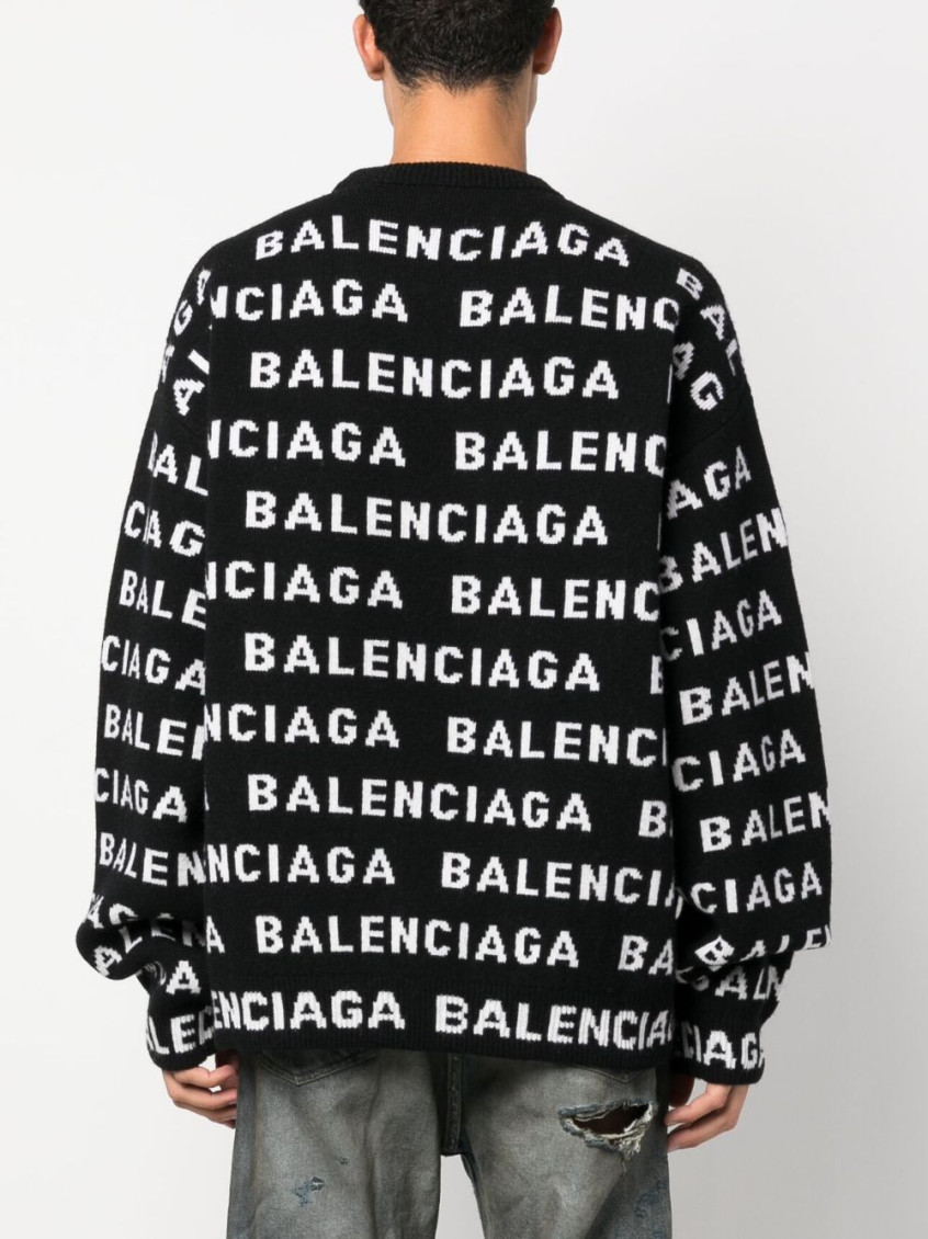 Balenciaga Black Allover Logo Crewneck Sweater for Men Online