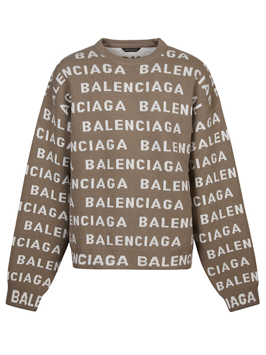 Shop Balenciaga Beige Allover Logo Crewneck Sweater