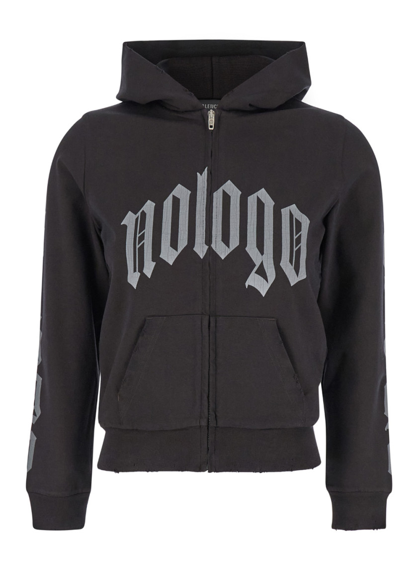Balenciaga Black Zip-up Hoodie With No Logo Gothic Print In Jersey Woman In Black