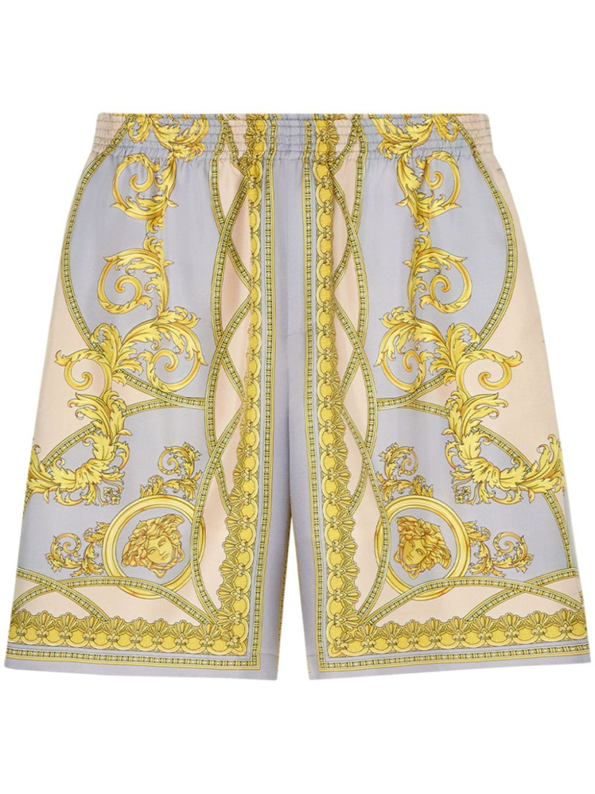 Versace La Coupe Des Dieux Print Silk Shorts In Golden