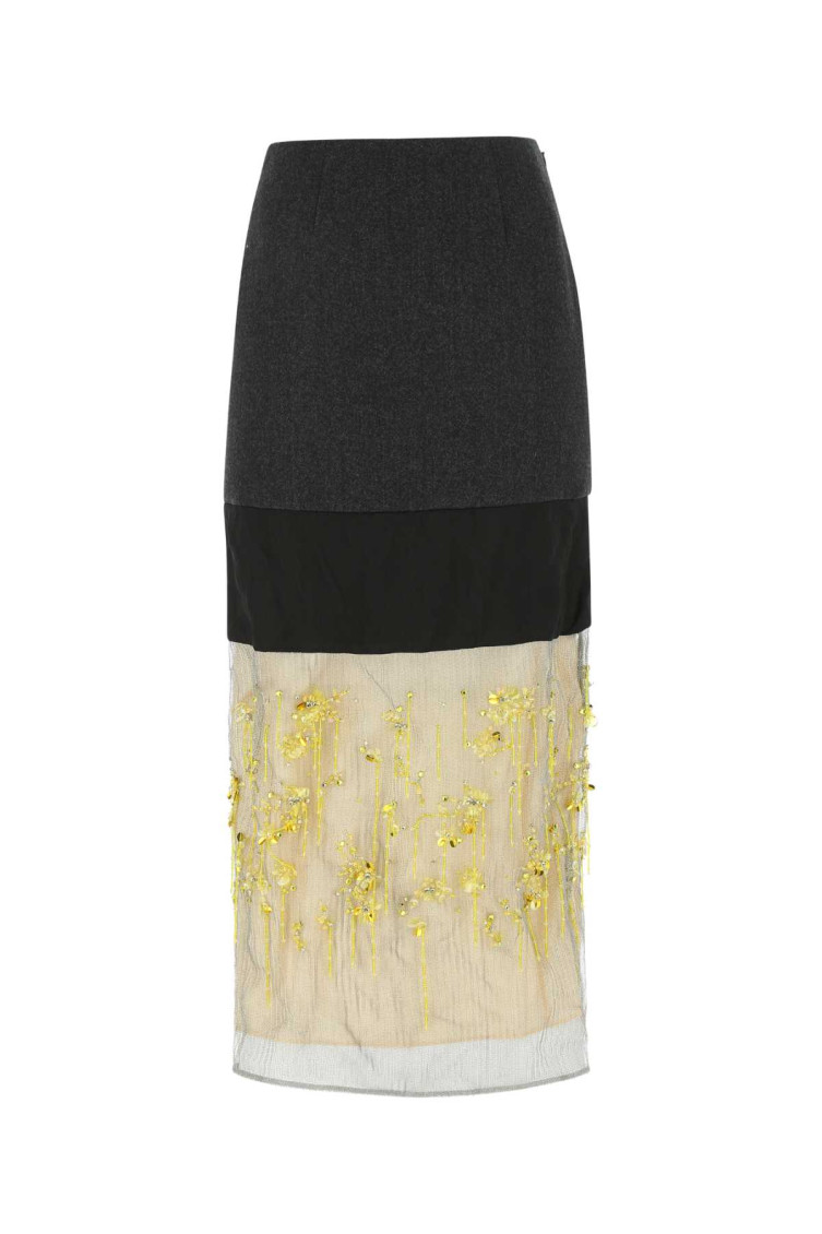 Shop Prada Multicolor Wool And Mesh Skirt