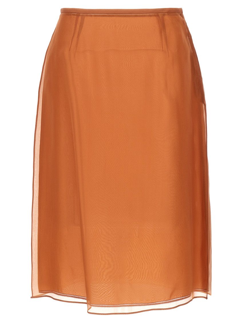 Prada Double Layer Semi-sheer Midi Skirt In Brown