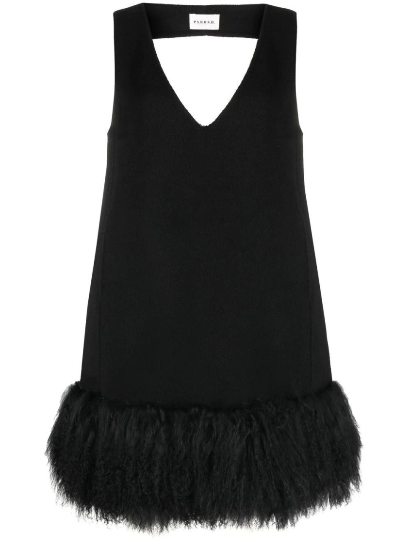 P.a.r.o.s.h Shearling Trim Sleeveless V-neck Minidress In Black