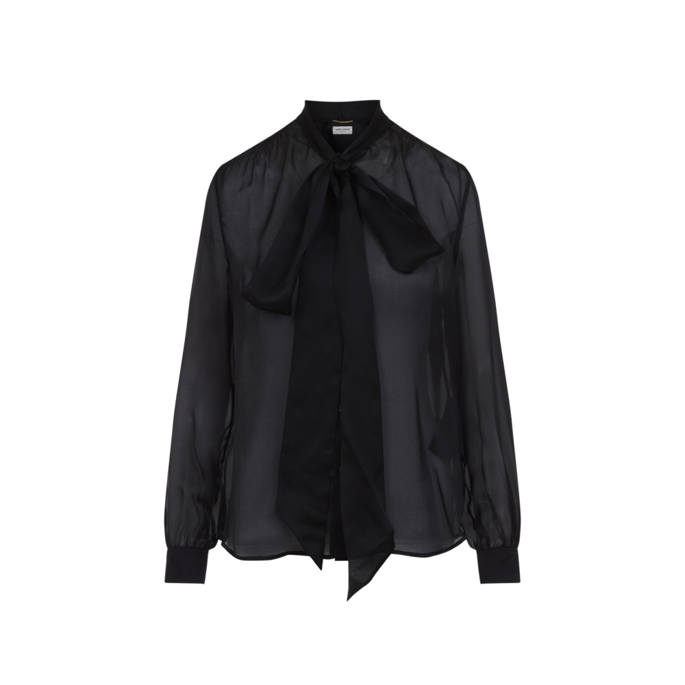 Saint Laurent Bow-detailed Sheer Silk Blouse In Black