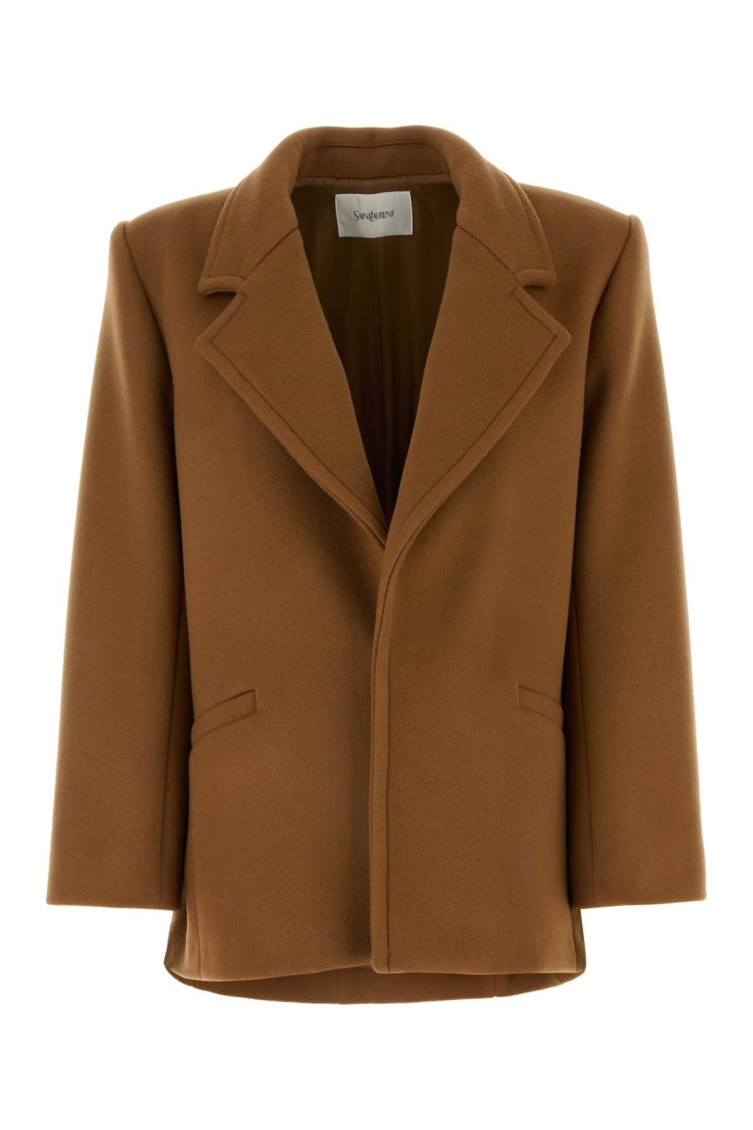 Saint Laurent Brown Coat With Classic Lapels And Shoulder Pads In Virgin Wool Woman In Bronze