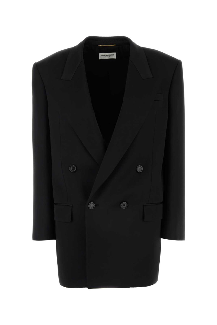 Saint Laurent Buttoned Satin Blazer With Structured Shoulders In Black