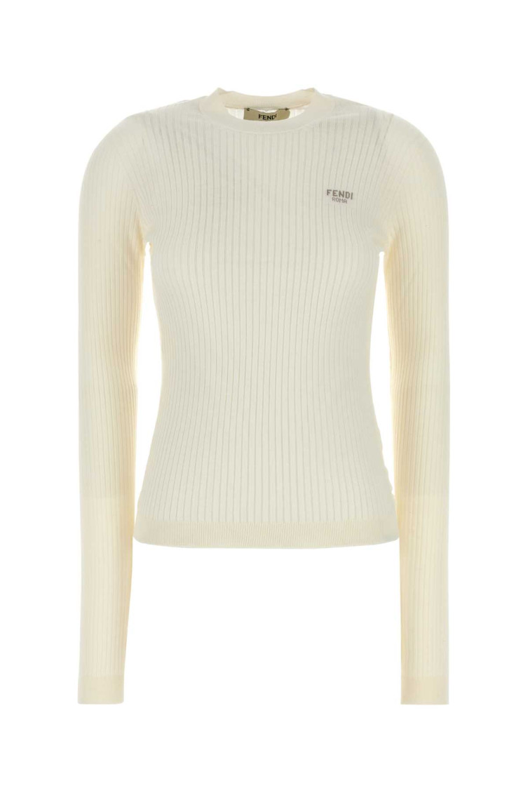Fendi Slim Fit Ribbed Sweater Knitwear White In White