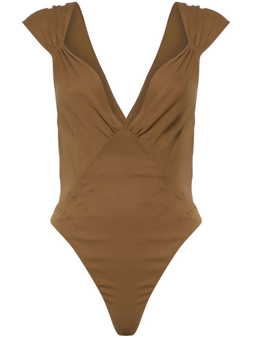 Saint Laurent Semi-sheer Cross-back Bodysuit In Silk Muslin In Brown