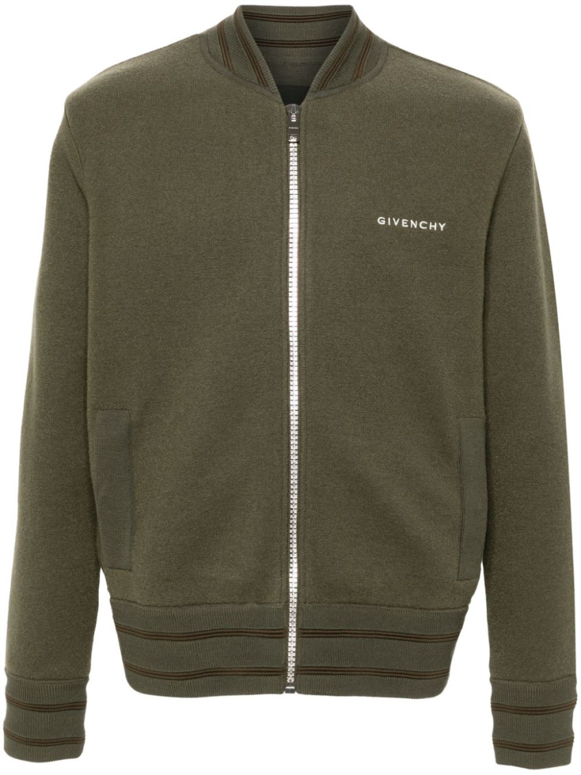 Givenchy Green Sweatshirt With Bomber Collar And 4g Logo In Wool Man In Green