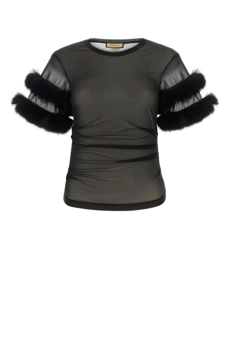Gucci Sleeved Crewneck With Fur Trim And Ruched Detailing In Black