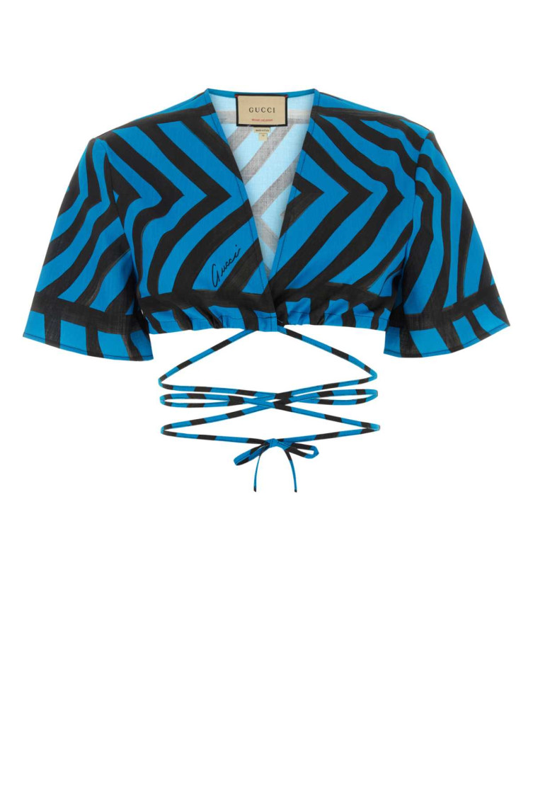 Gucci Women Printed Cotton Blend Crop Top In Blue
