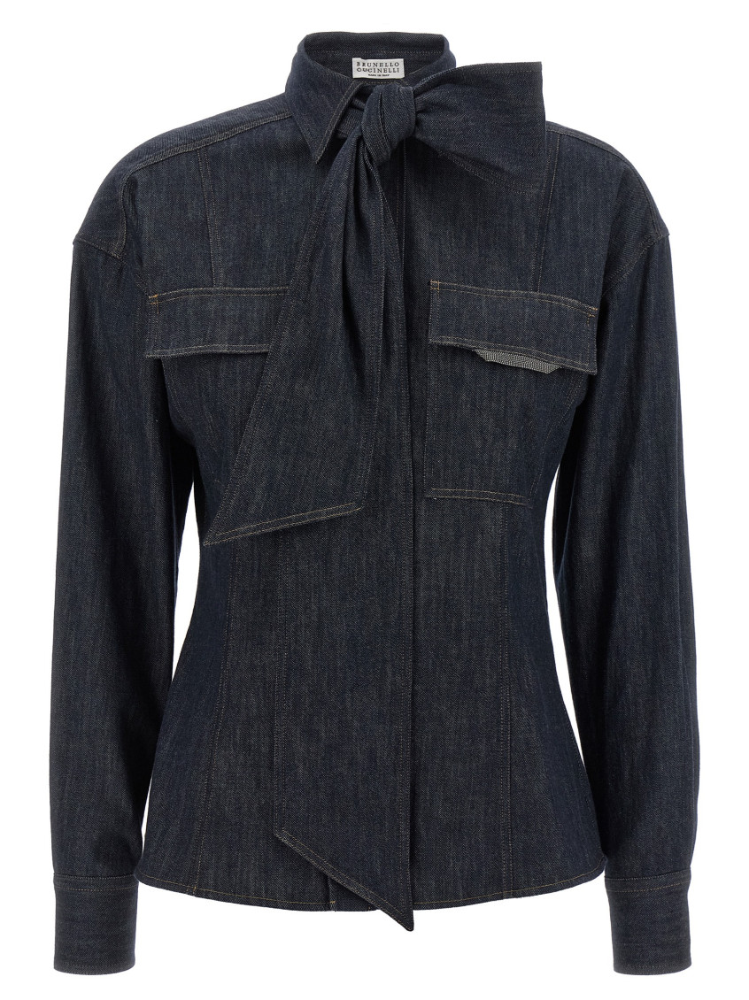 Brunello Cucinelli Long-sleeved Denim Shirt With Bow