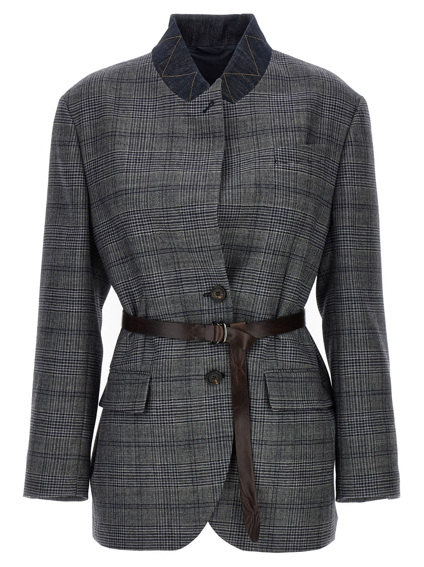 Shop Brunello Cucinelli Grey Monile Houndstooth Blazer